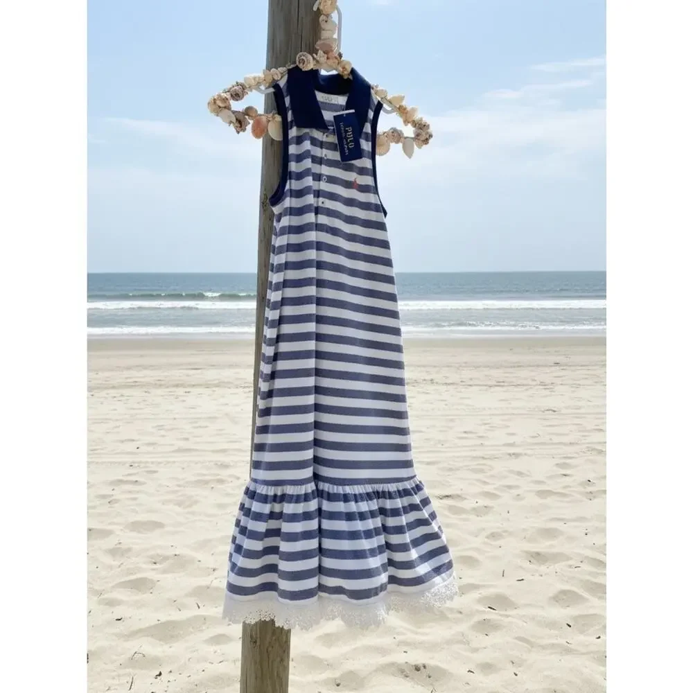 NWT Ralph Lauren Navy White Striped Sleeveless Polo Lace Pink pony Size XL 16